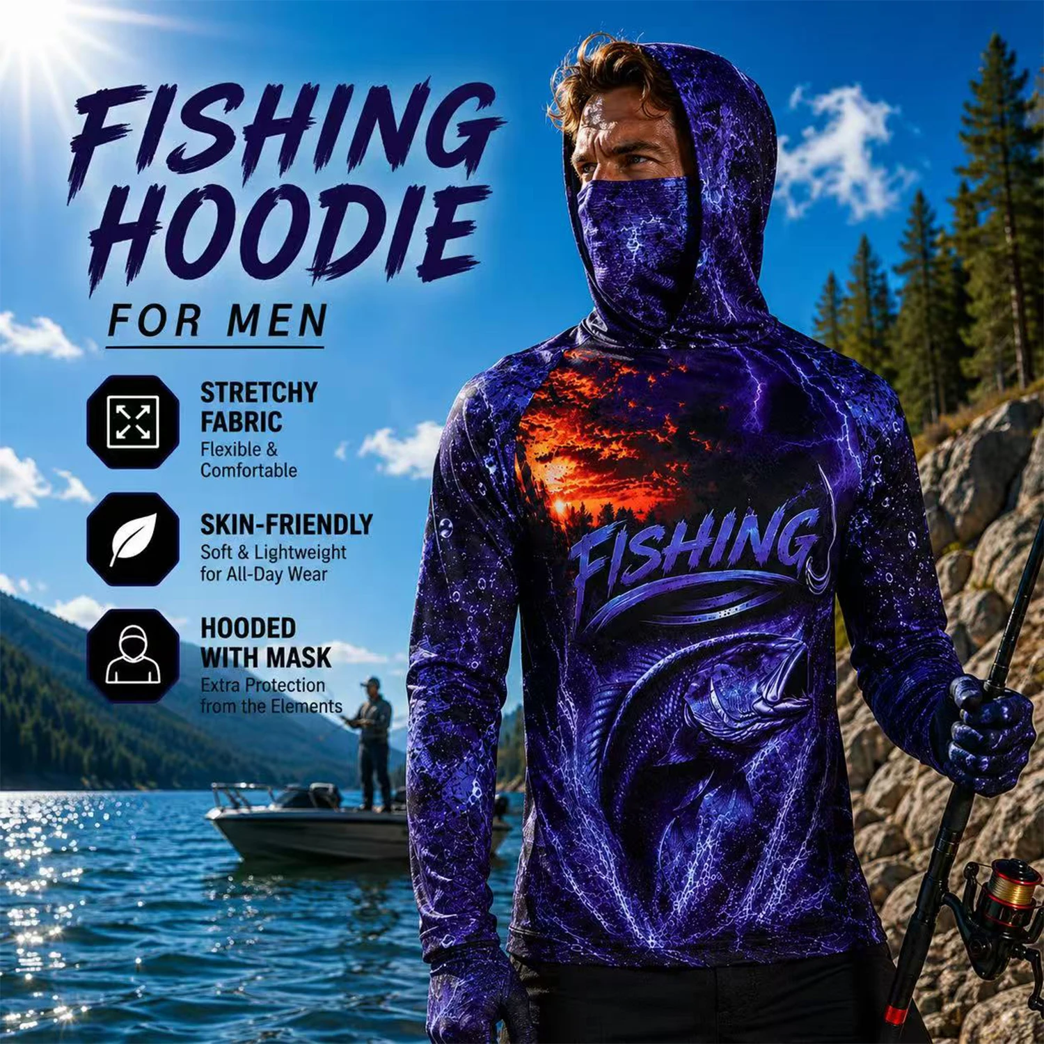Men Purple Bass Fish 3D Print  - огляд і ціна Fishing Shirt Uv Protection