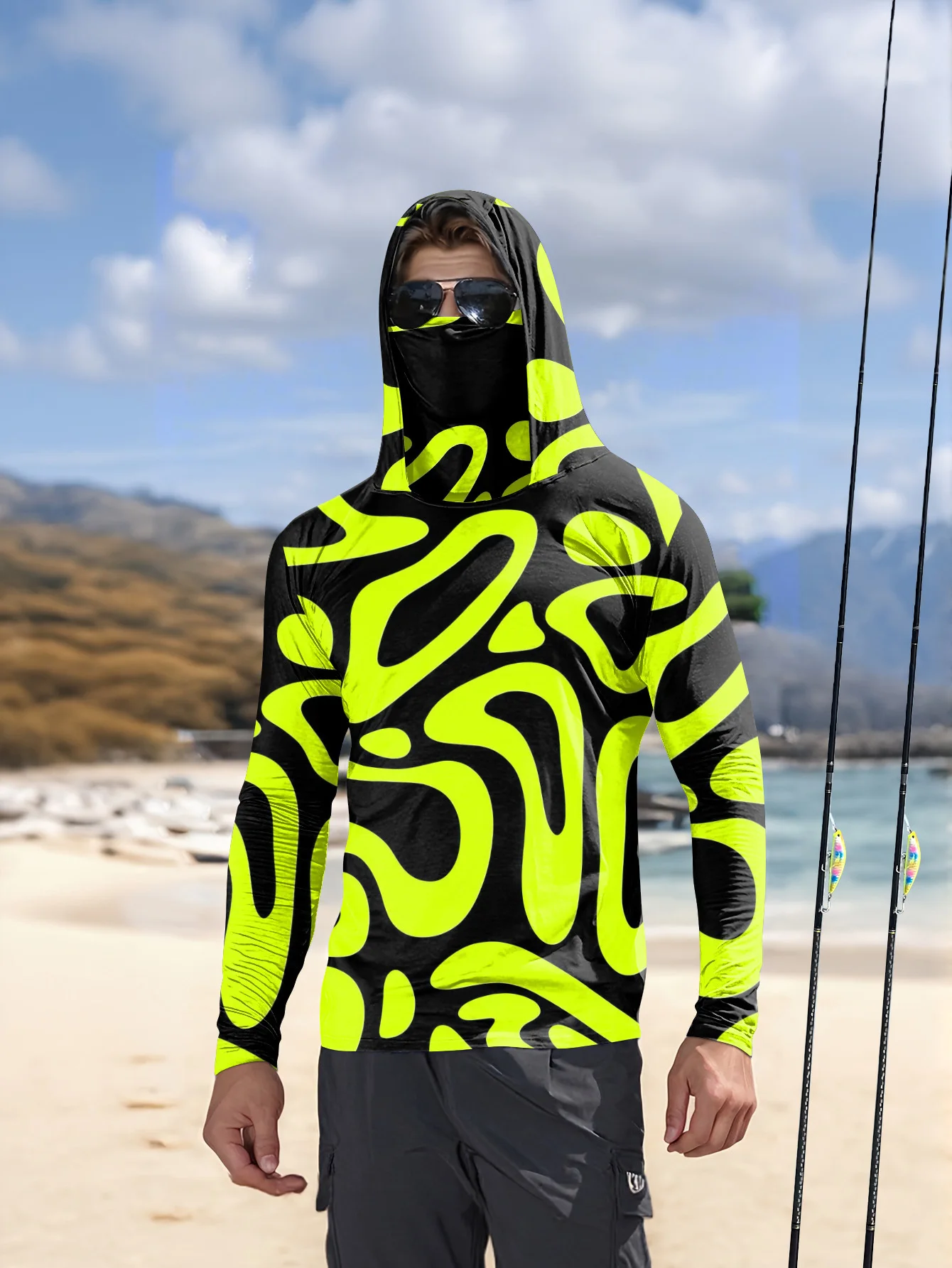 Men's Neon Green Abstract Prin - огляд і ціна Fishing Mask Sun Protection
